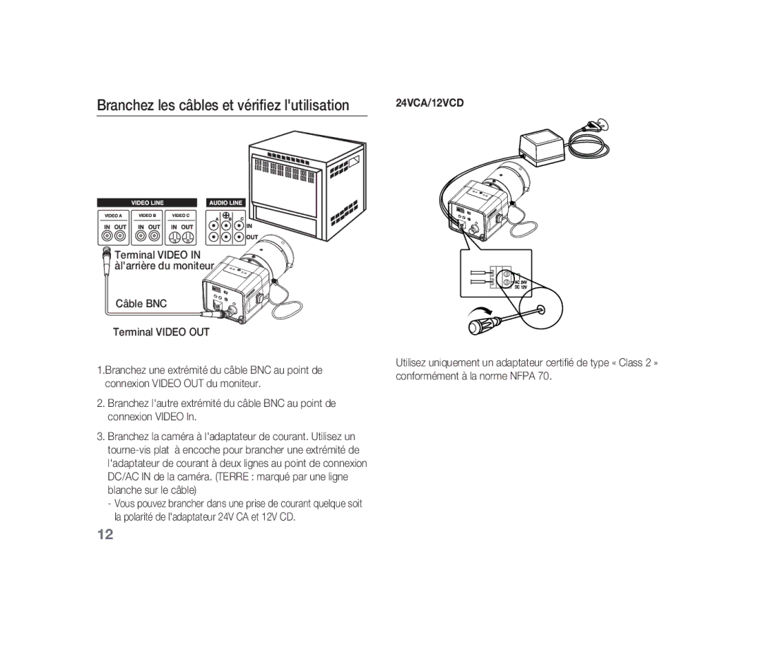 Samsung SCC-B1310P manual Branchez les câbles et vérifiez lutilisation 