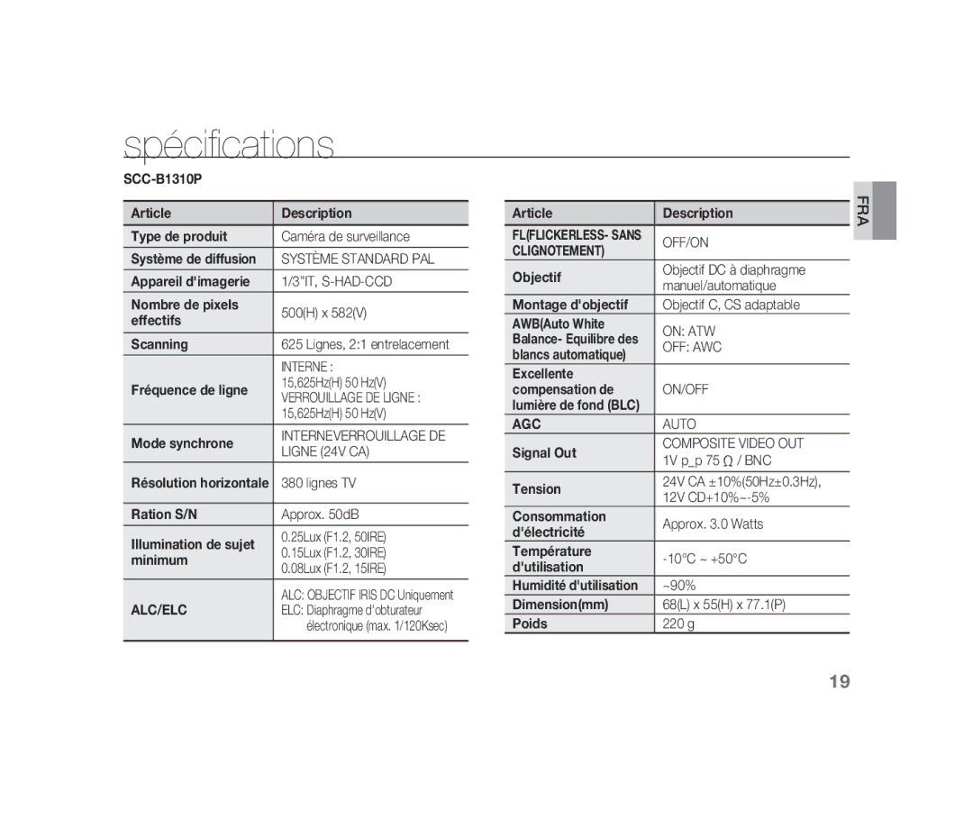 Samsung SCC-B1310P manual Spécifications, Clignotement 