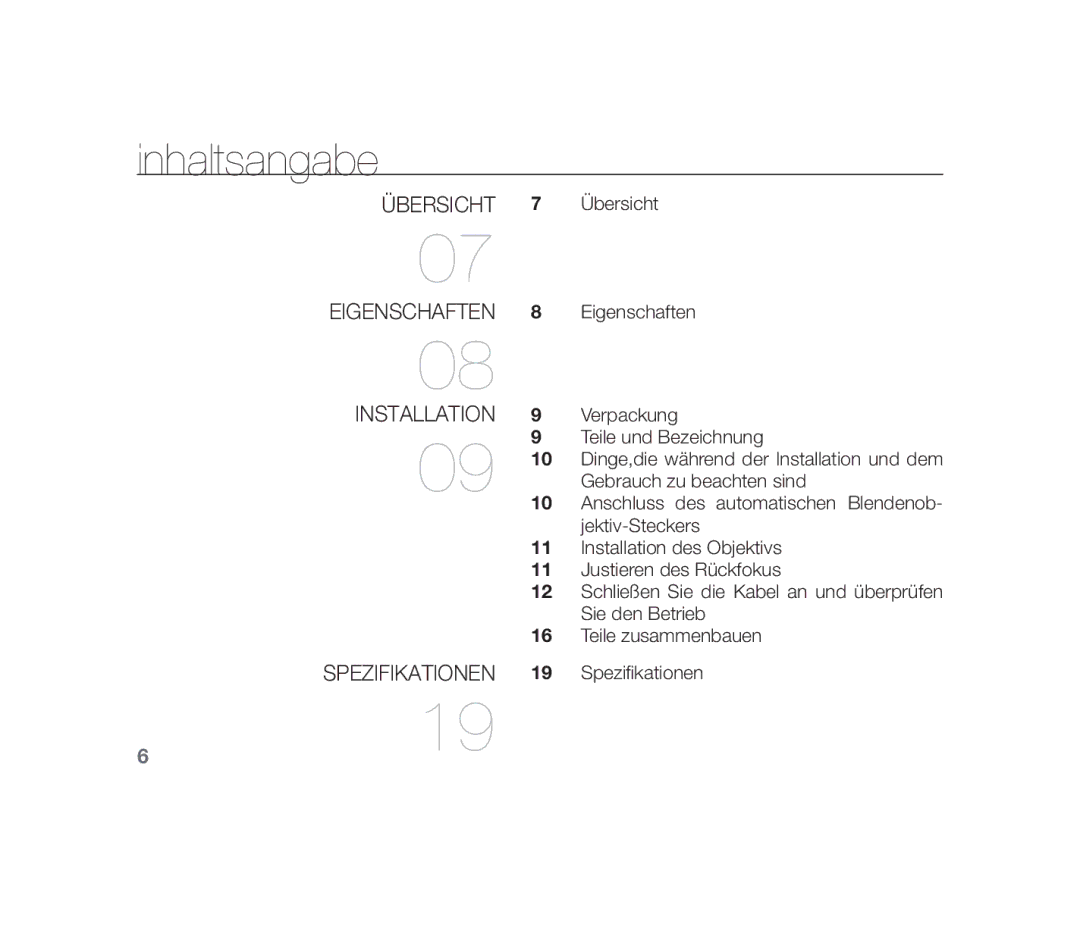 Samsung SCC-B1310P manual Inhaltsangabe, Übersicht Eigenschaften Installation Spezifikationen 