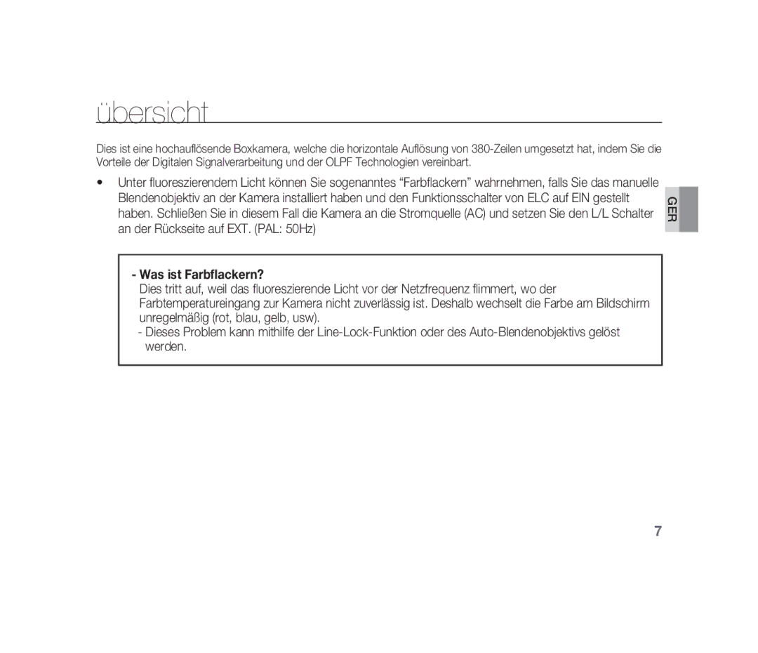 Samsung SCC-B1310P manual Übersicht, Was ist Farbflackern? 