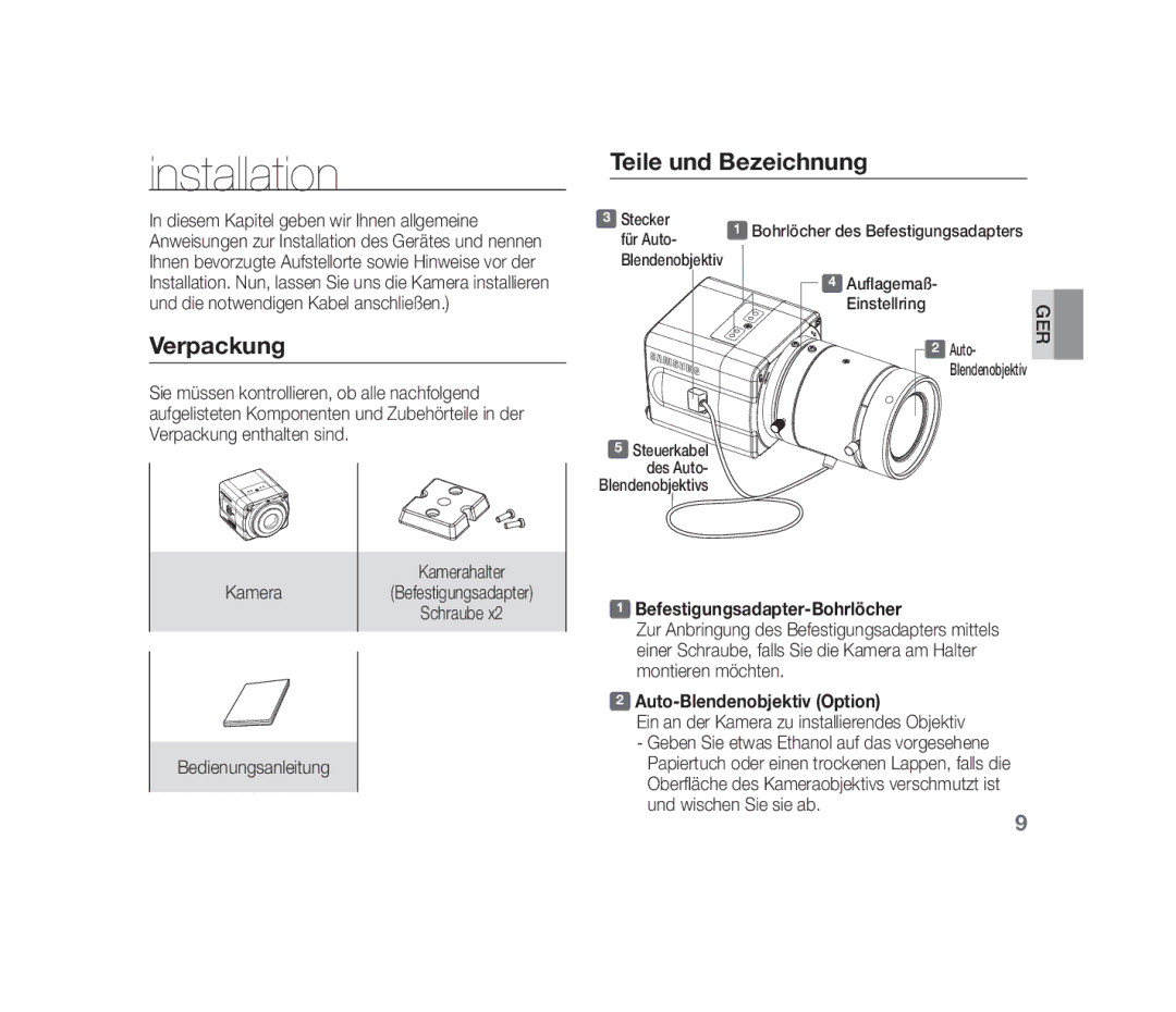 Samsung SCC-B1310P manual Steuerkabel, Befestigungsadapter-Bohrlöcher, Auto-Blendenobjektiv Option 