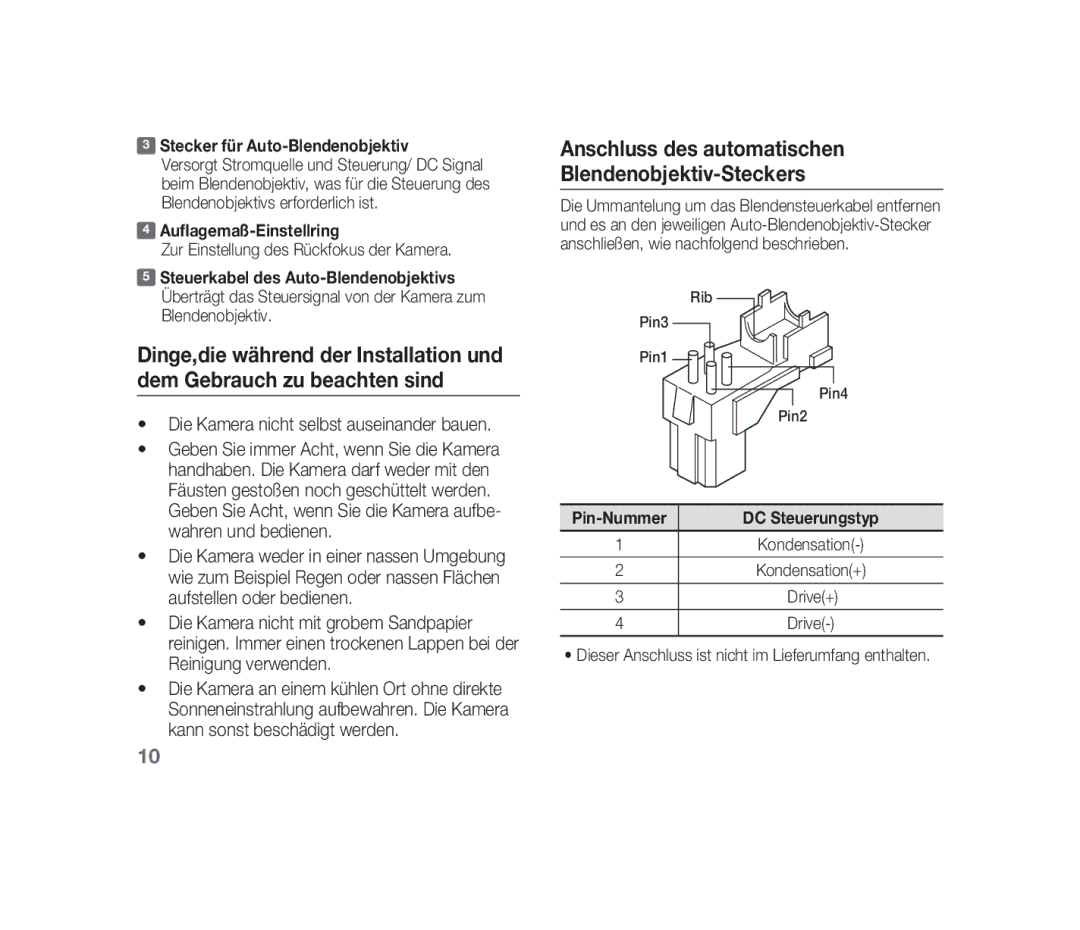 Samsung SCC-B1310P Stecker für Auto-Blendenobjektiv, Auflagemaß-Einstellring, Zur Einstellung des Rückfokus der Kamera 