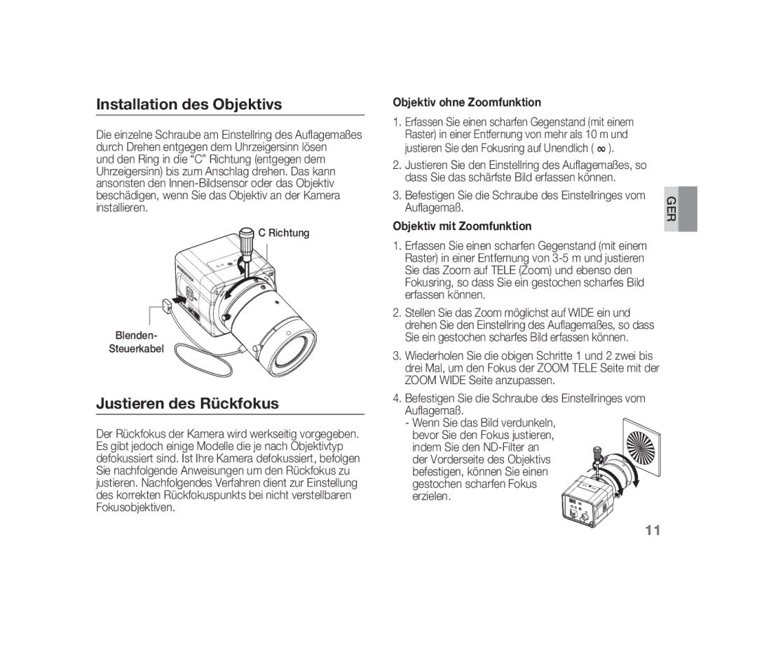 Samsung SCC-B1310P manual Objektiv ohne Zoomfunktion, Objektiv mit Zoomfunktion, Auflagemaß 