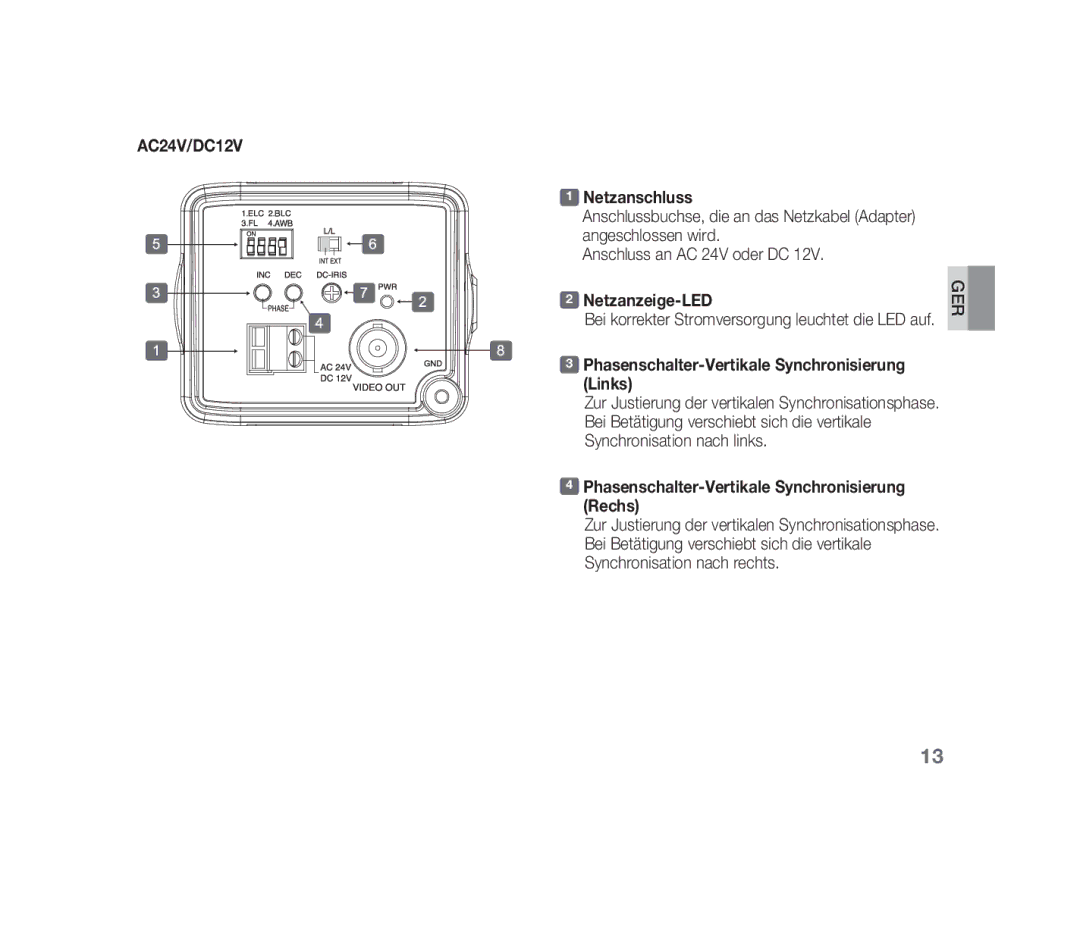 Samsung SCC-B1310P manual AC24V/DC12V, Netzanschluss, Netzanzeige-LED, Phasenschalter-Vertikale Synchronisierung Links 