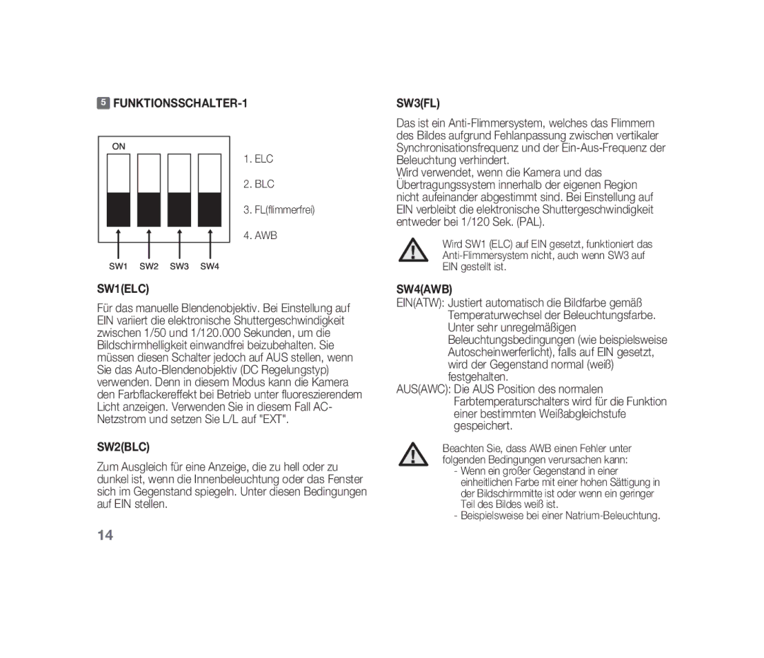 Samsung SCC-B1310P manual FUNKTIONSSCHALTER-1, ELC BLC FLflimmerfrei AWB 