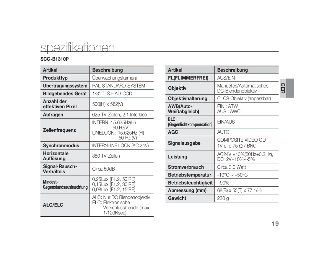 Samsung SCC-B1310P manual Spezifikationen, Flflimmerfrei, Blc, Agc 