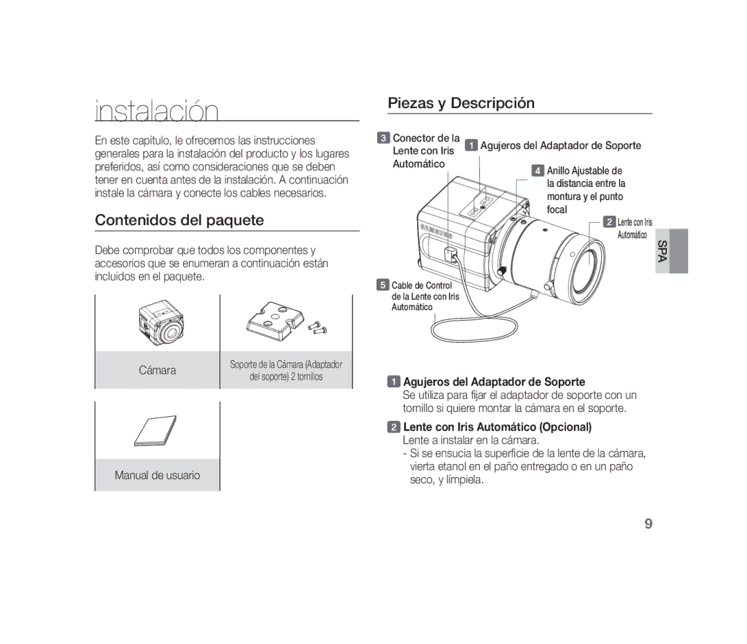 Samsung SCC-B1310P manual Instalación, Contenidos del paquete, Piezas y Descripción, Agujeros del Adaptador de Soporte 