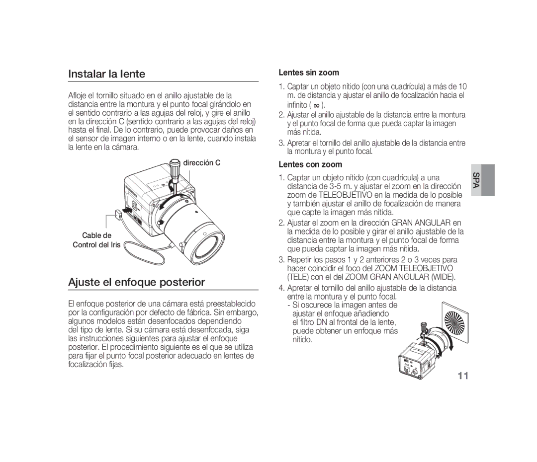 Samsung SCC-B1310P manual Instalar la lente, Ajuste el enfoque posterior, Lentes sin zoom, Lentes con zoom 