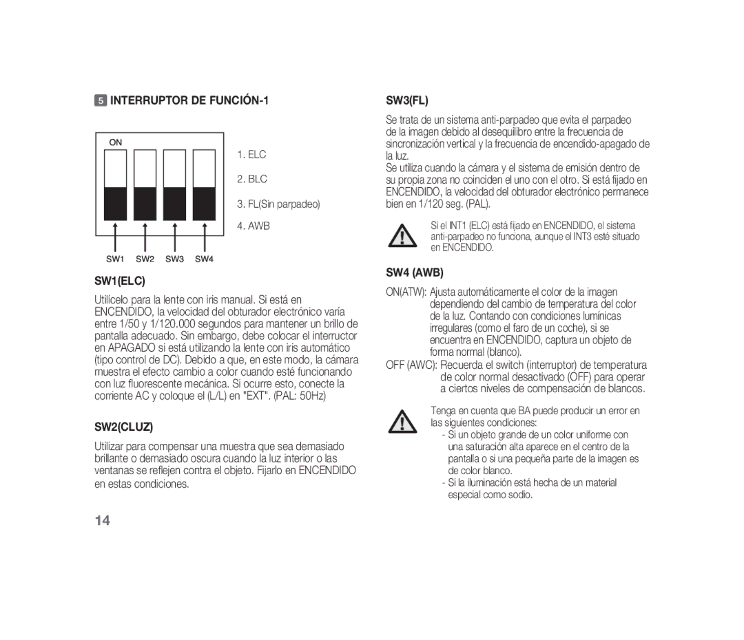 Samsung SCC-B1310P manual Interruptor DE FUNCIÓN-1, ELC BLC FLSin parpadeo AWB, SW2CLUZ, SW4 AWB 