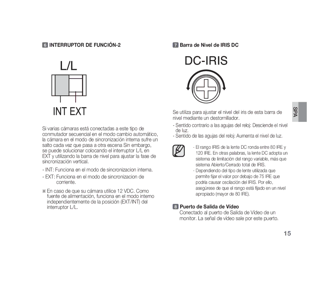 Samsung SCC-B1310P manual Interruptor DE FUNCIÓN-2, Barra de Nivel de Iris DC, Puerto de Salida de Vídeo 
