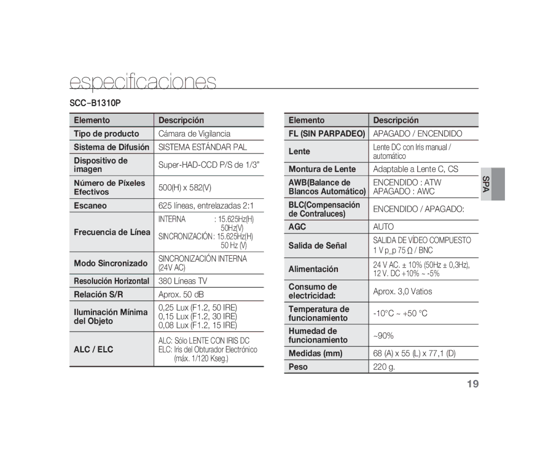 Samsung SCC-B1310P manual Especificaciones 