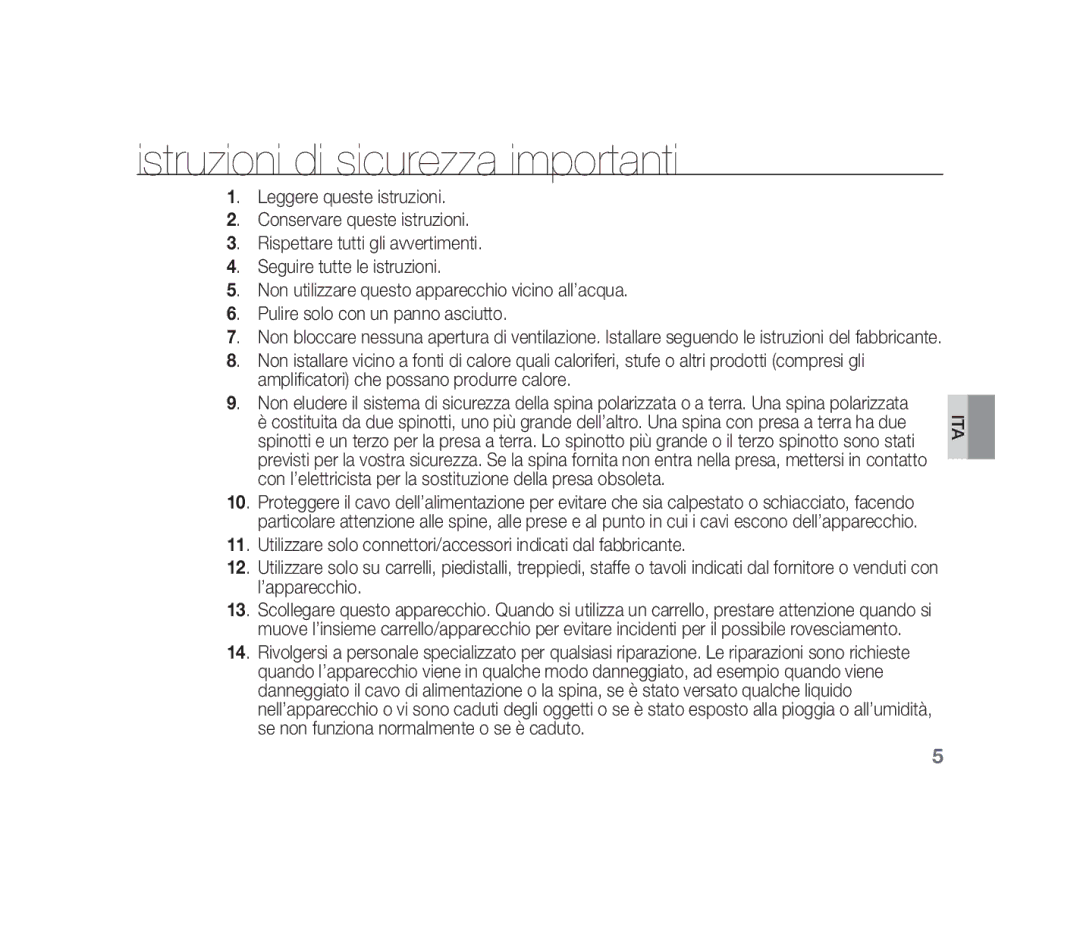 Samsung SCC-B1310P manual Istruzioni di sicurezza importanti 