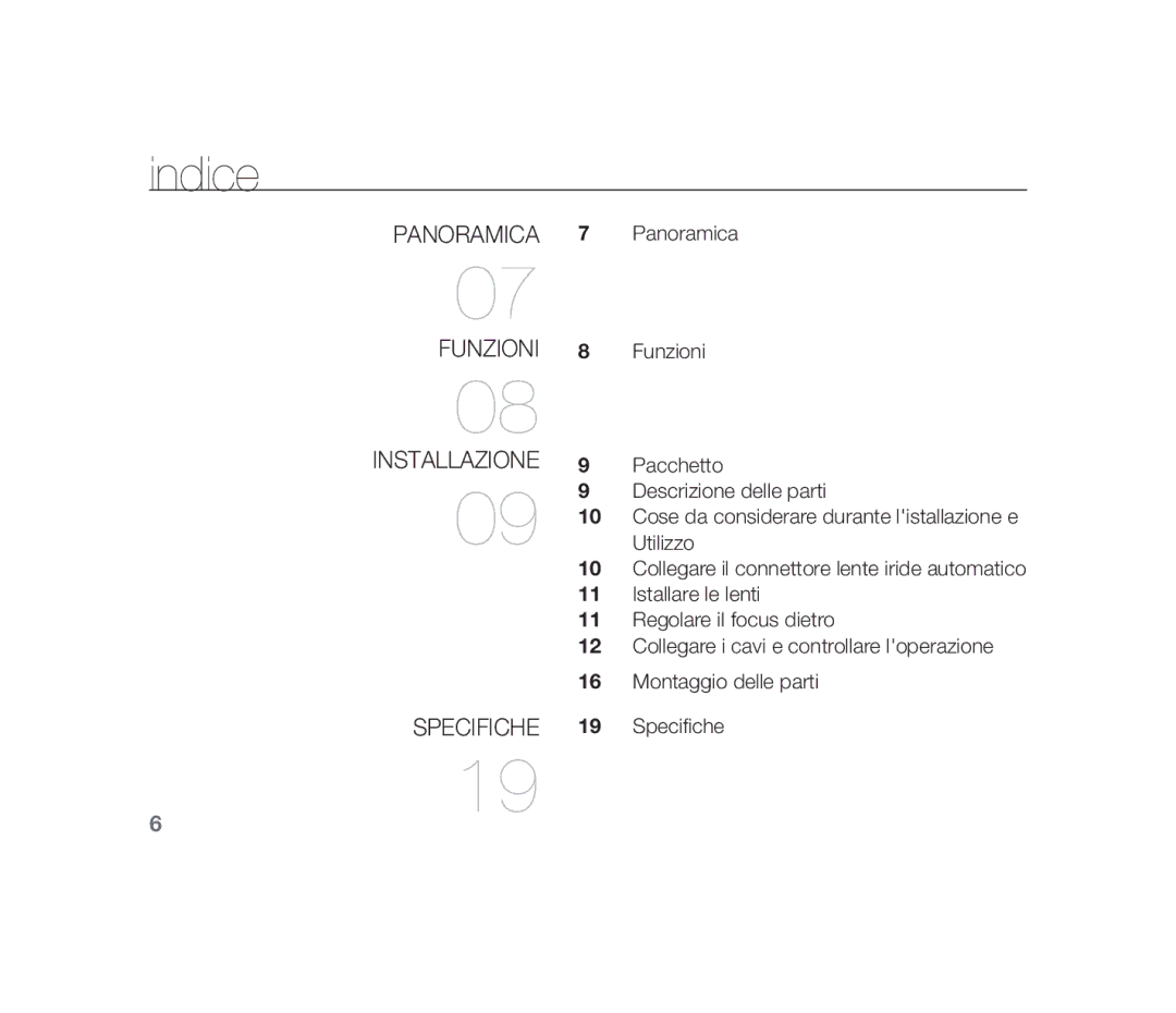 Samsung SCC-B1310P manual Indice, Panoramica Funzioni Installazione Specifiche 