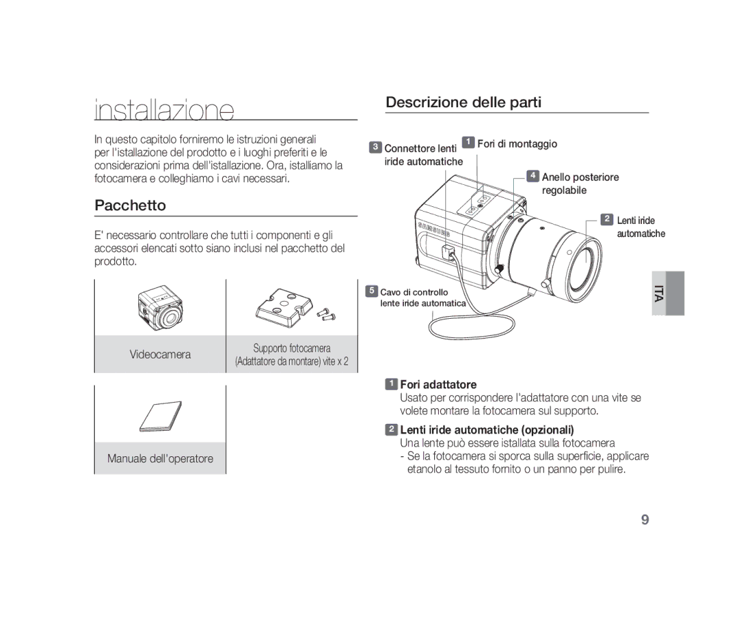 Samsung SCC-B1310P Installazione, Pacchetto, Descrizione delle parti, Fori adattatore, Lenti iride automatiche opzionali 