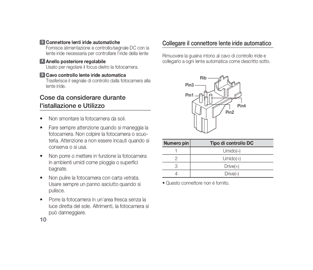 Samsung SCC-B1310P Cose da considerare durante listallazione e Utilizzo, Connettore lenti iride automatiche, Numero pin 