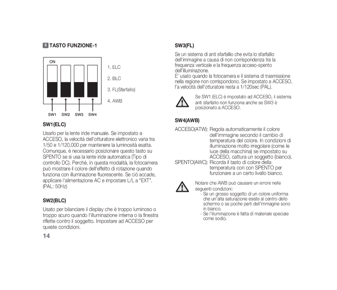 Samsung SCC-B1310P Tasto FUNZIONE-1, ELC BLC FLSfarfallio AWB, Se lilluminazione è fatta di materiale speciale come sodio 