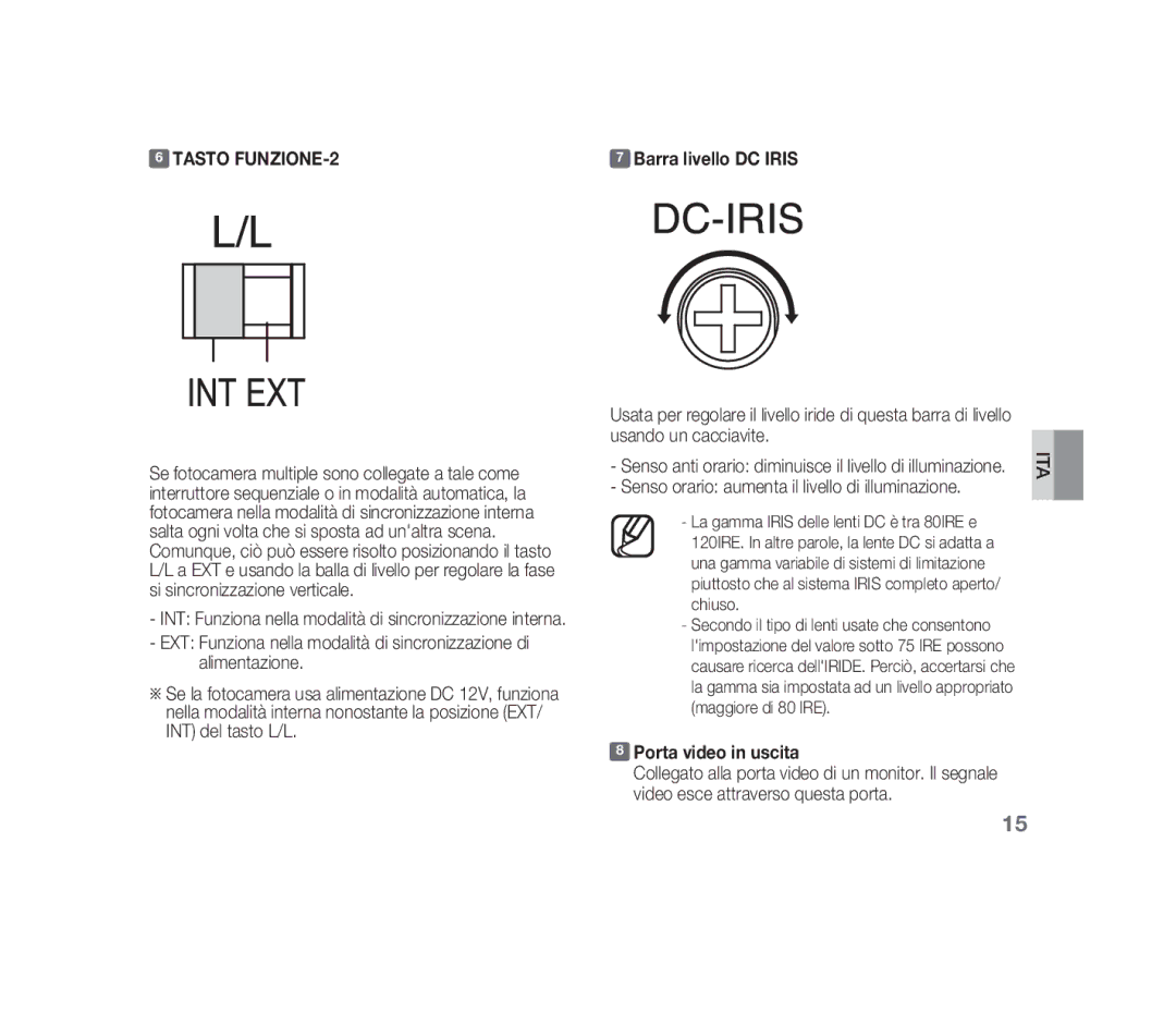 Samsung SCC-B1310P manual Tasto FUNZIONE-2, Senso orario aumenta il livello di illuminazione, Porta video in uscita 