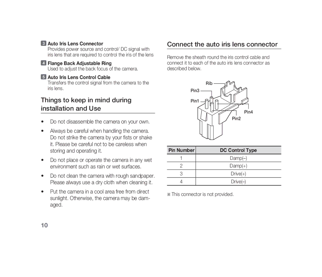 Samsung SCC-B1310P manual Things to keep in mind during installation and Use, Connect the auto iris lens connector 