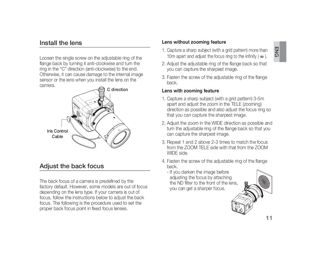 Samsung SCC-B1310P manual Install the lens, Adjust the back focus, Lens without zooming feature, Lens with zooming feature 