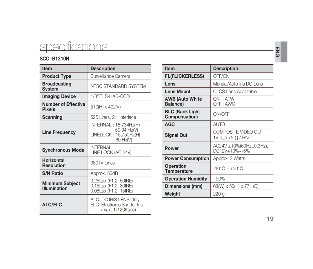 Samsung SCC-B1310P manual Specifications 