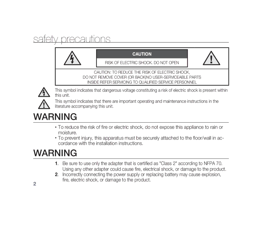 Samsung SCC-B1310P manual Safety precautions, Fire, electric shock, or damage to the product 