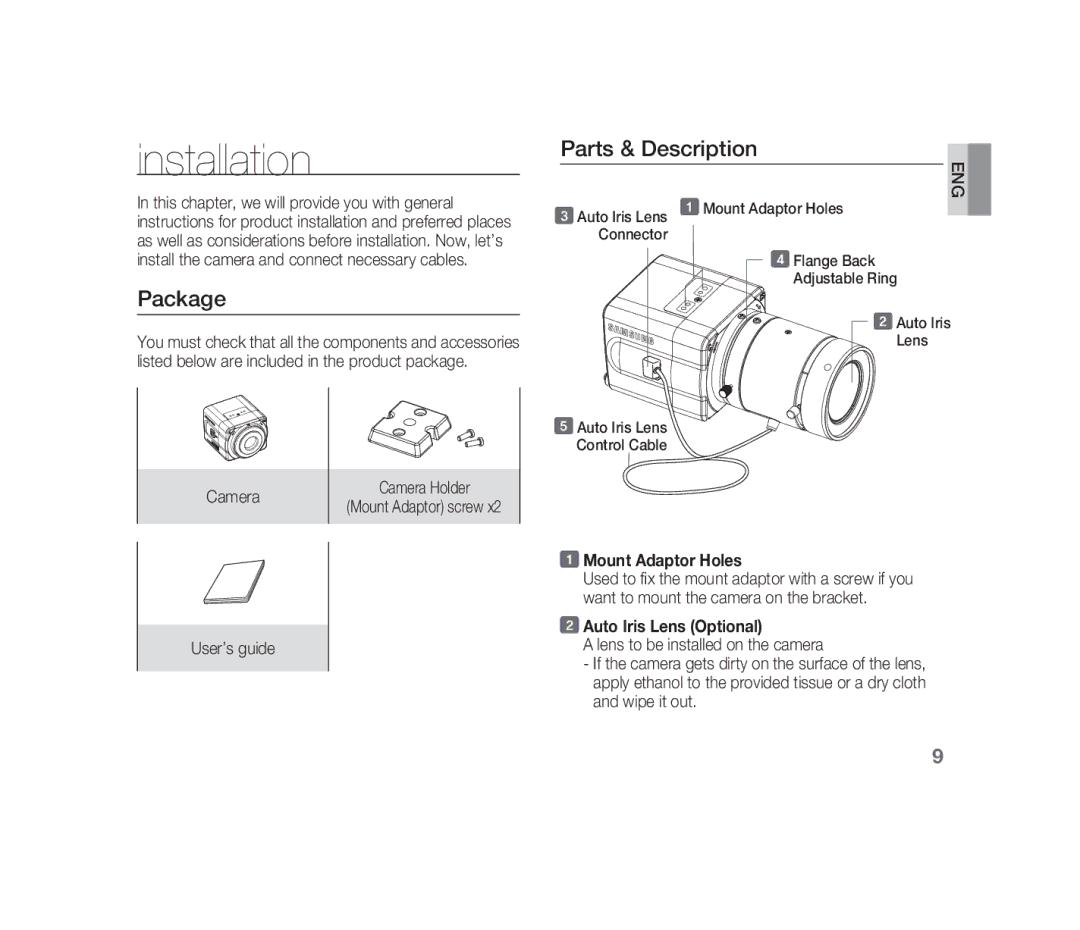 Samsung SCC-B1310P manual Installation, Package, Parts & Description, Mount Adaptor Holes, Auto Iris Lens Optional 