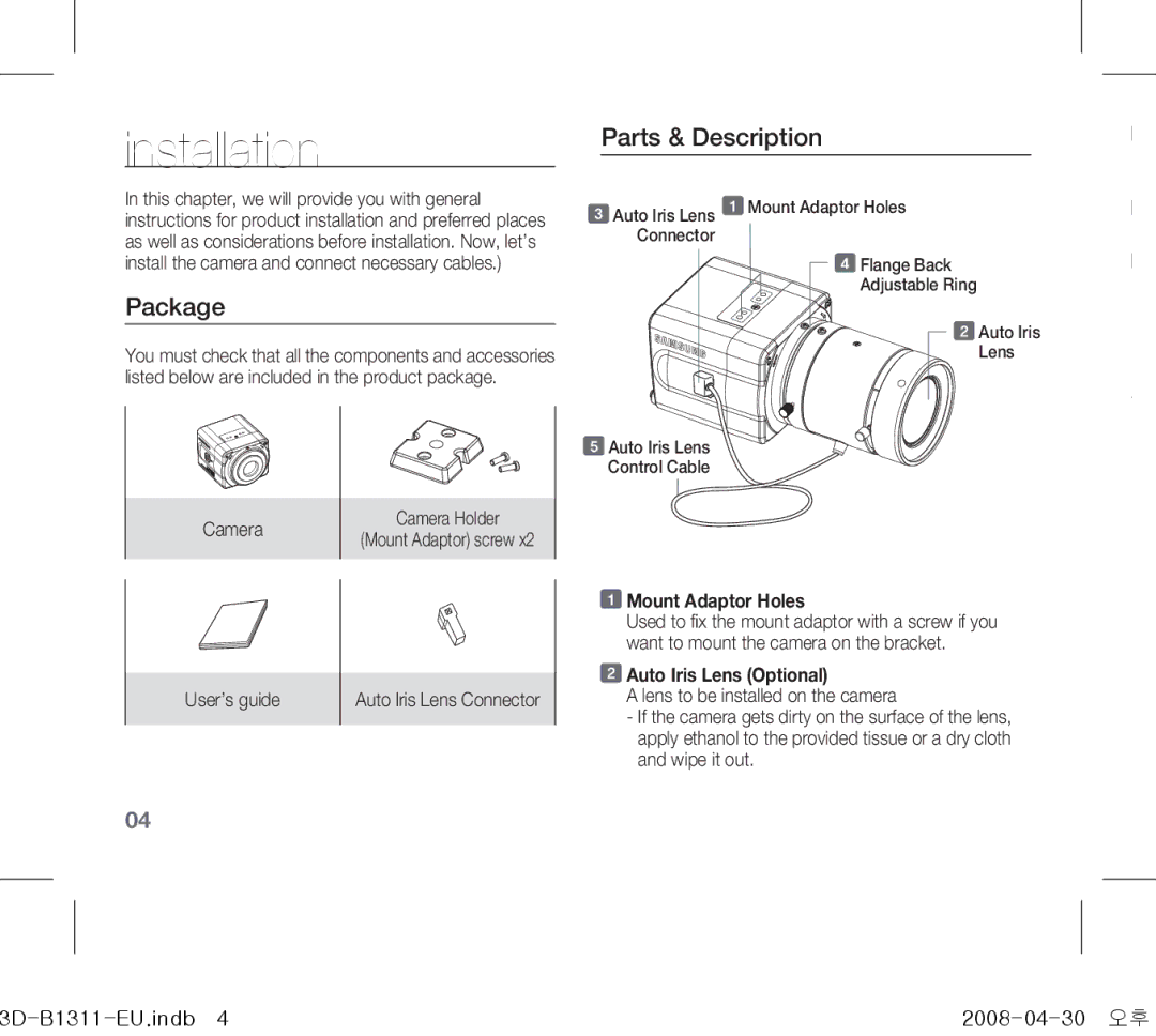 Samsung SCC-B1311(P) Installation, Package, Parts & Description, Mount Adaptor Holes, Auto Iris Lens Optional 