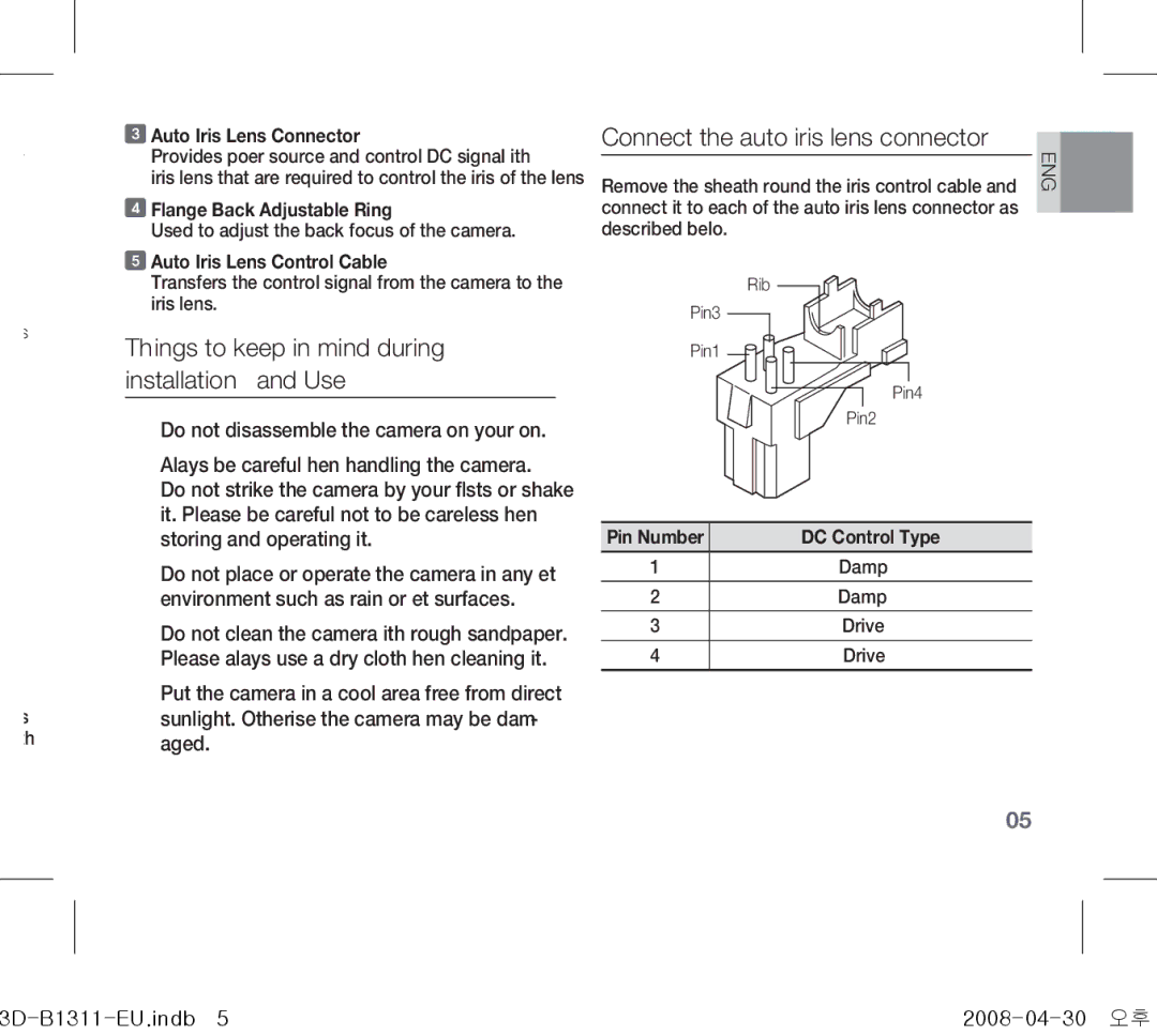 Samsung SCC-B1311(P) Things to keep in mind during installation and Use, Connect the auto iris lens connector 