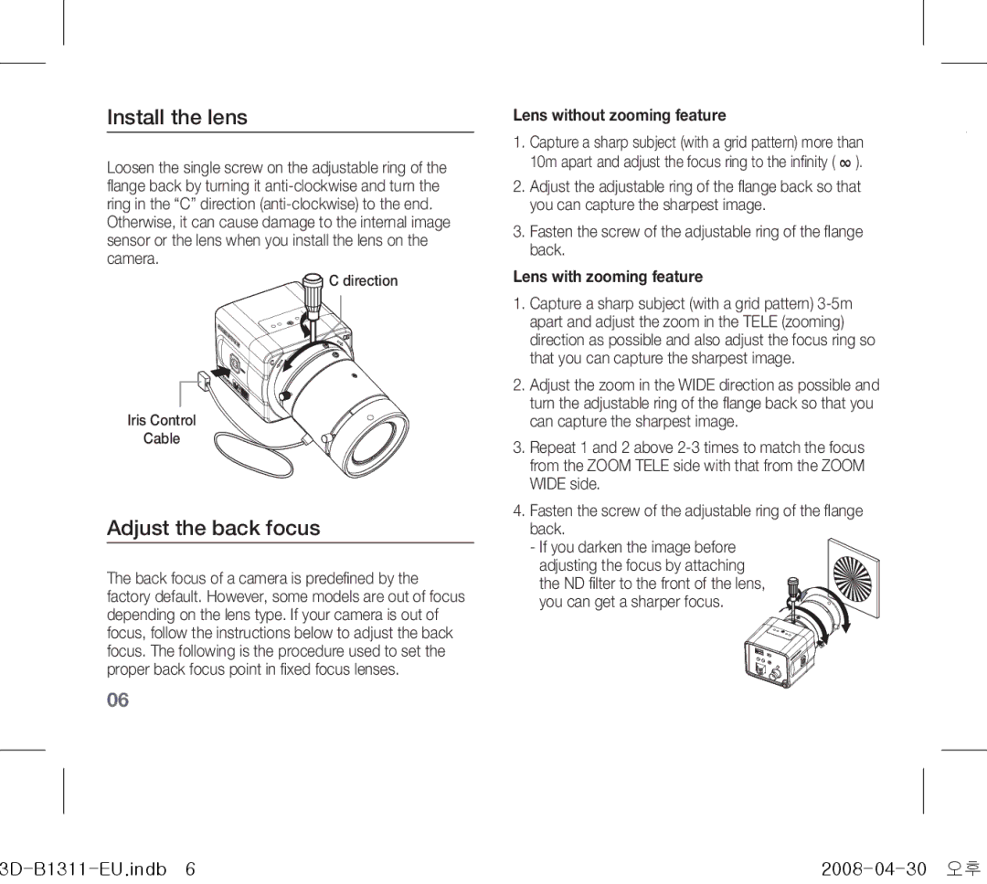 Samsung SCC-B1311(P) Install the lens, Adjust the back focus, Lens without zooming feature, Lens with zooming feature 