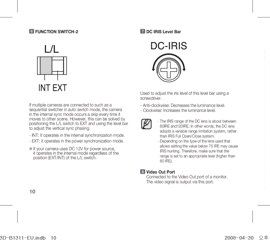 Samsung SCC-B1311(P) operating instructions Function SWITCH-2, Video Out Port 