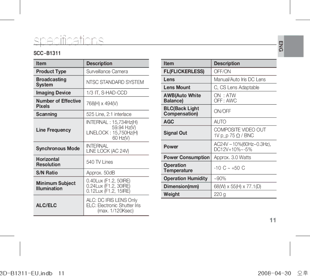 Samsung SCC-B1311(P) Alc/Elc, Flflickerless OFF/ON, On ATW, Off Awc, On/Off, AGC Auto, Composite Video OUT 