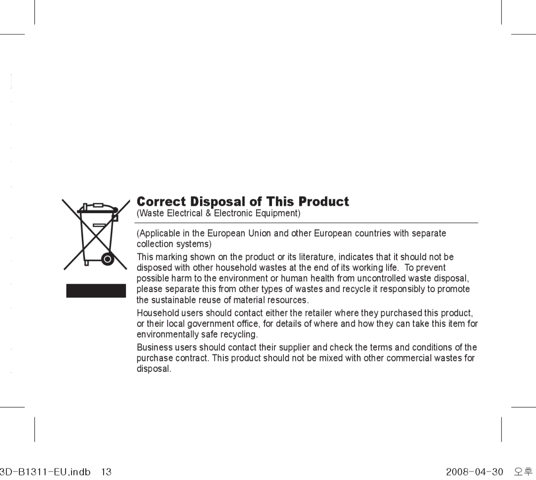 Samsung SCC-B1311(P) operating instructions Correct Disposal of This Product 