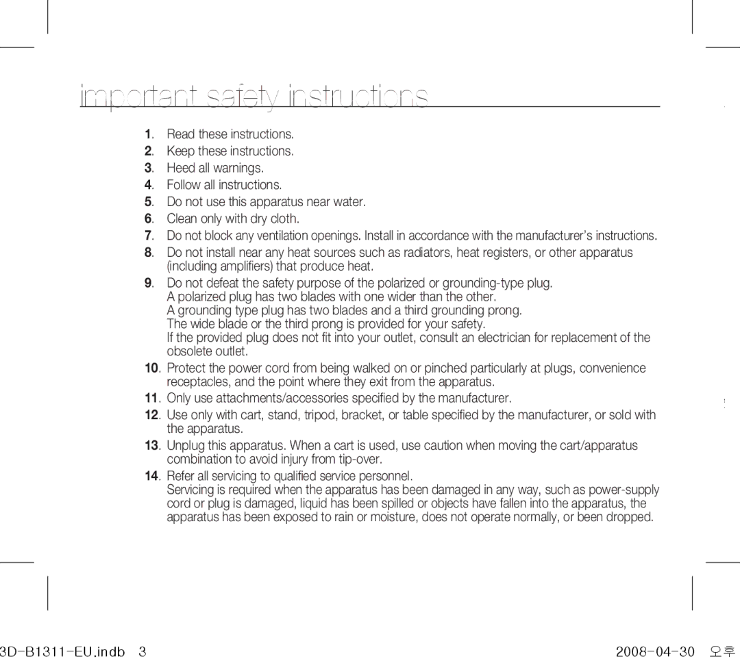 Samsung SCC-B1311(P) operating instructions Important safety instructions 