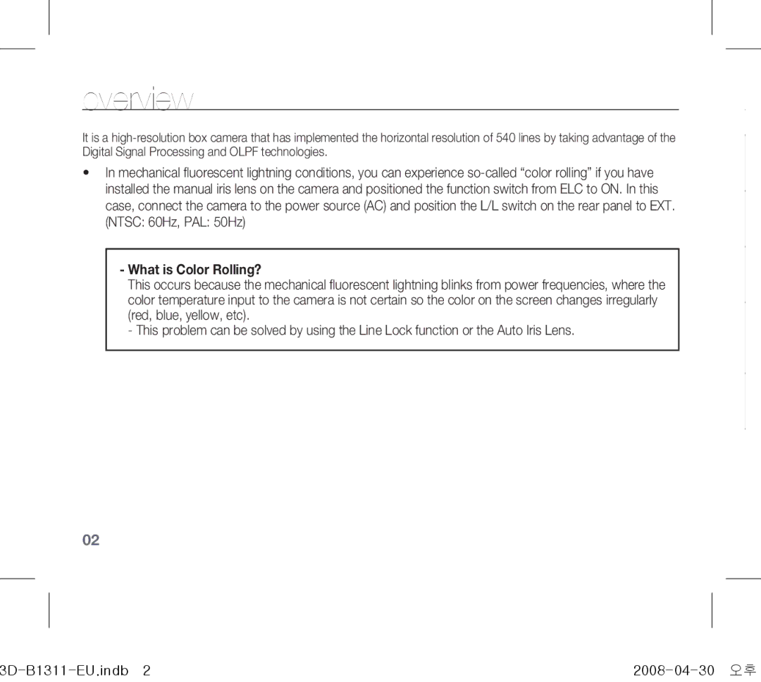 Samsung SCC-B1311(P) operating instructions Overview, What is Color Rolling? 