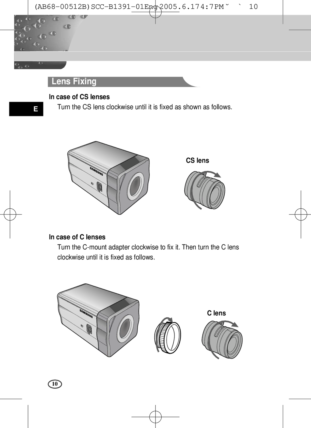 Samsung SCC-B1391(P), SCC-B1091P user manual Lens Fixing, Case of CS lenses, CS lens Case of C lenses 