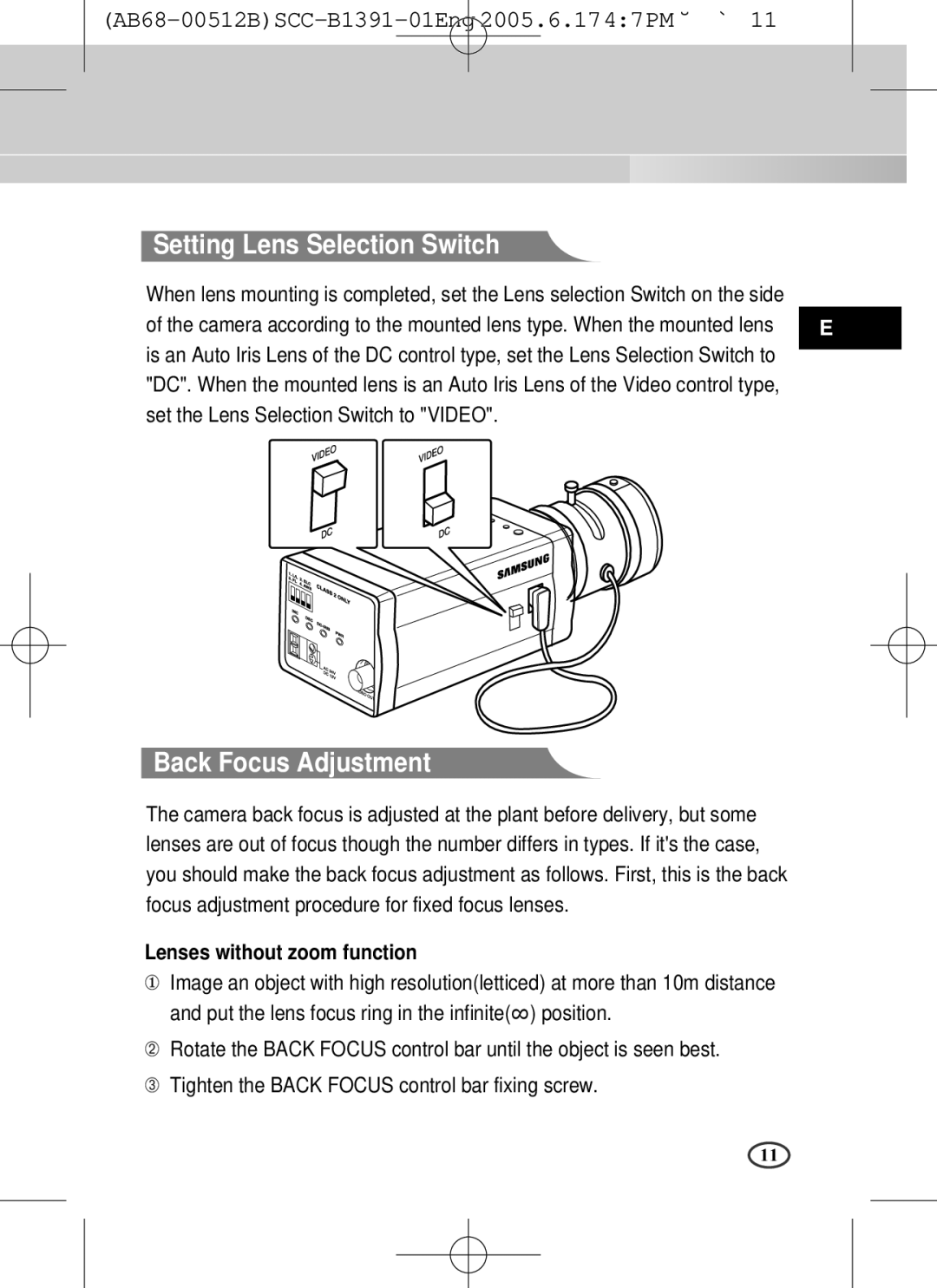 Samsung SCC-B1091P, SCC-B1391(P) Setting Lens Selection Switch, Back Focus Adjustment, Lenses without zoom function 