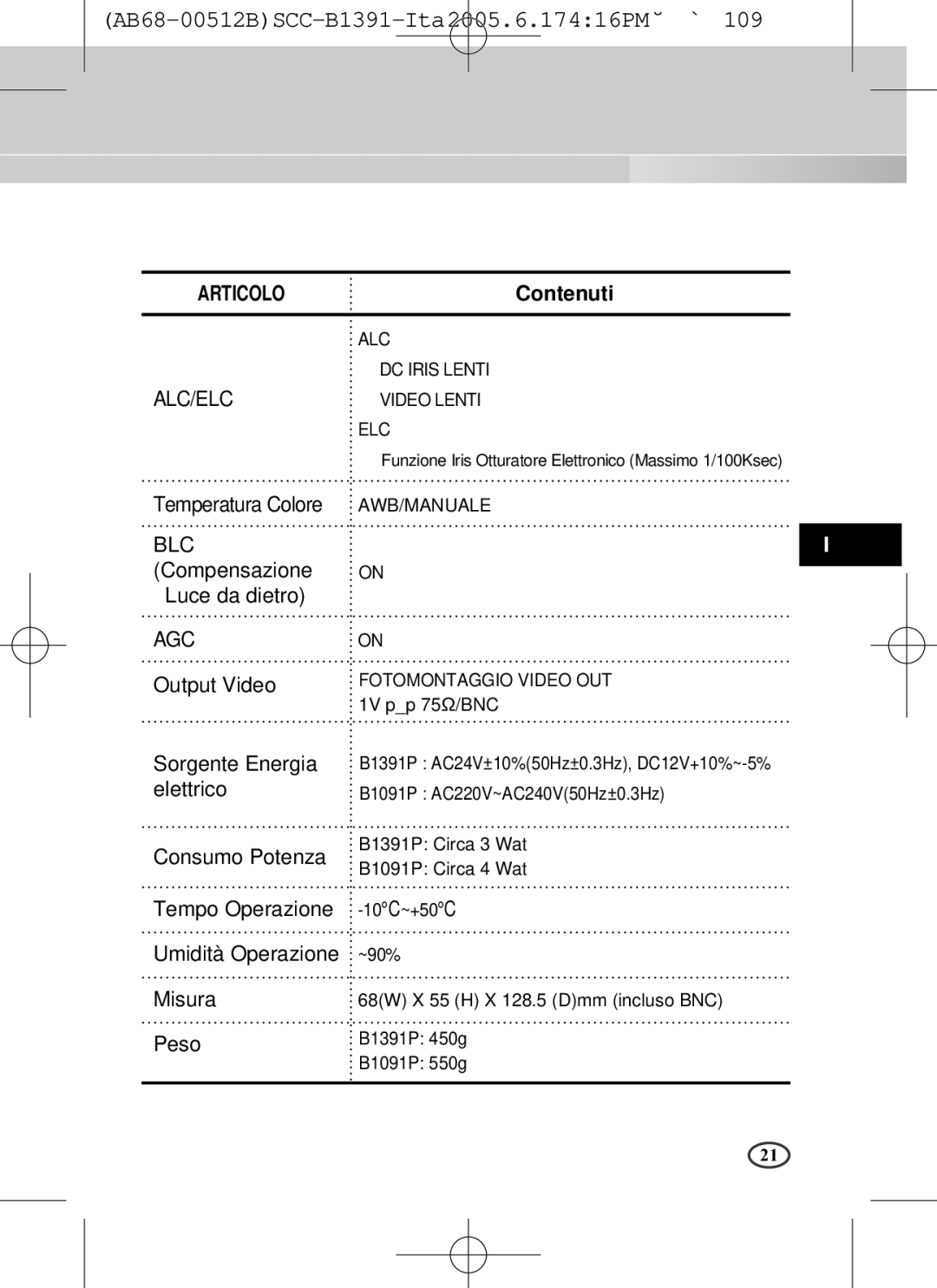 Samsung SCC-B1091P, SCC-B1391(P) user manual Temperatura Colore, Luce da dietro, Output Video 