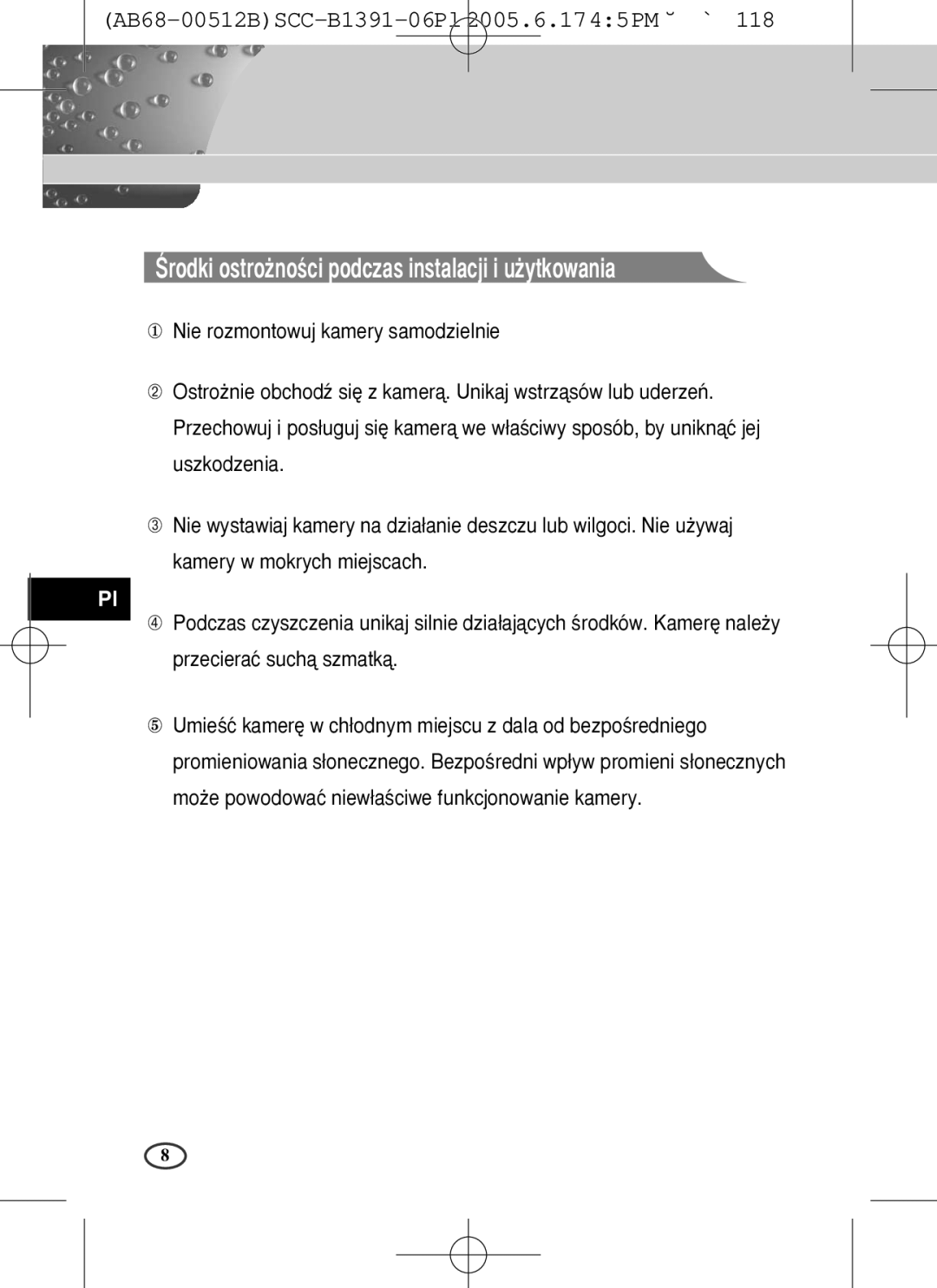 Samsung SCC-B1391(P), SCC-B1091P user manual Ârodki ostro˝noÊci podczas instalacji i u˝ytkowania 