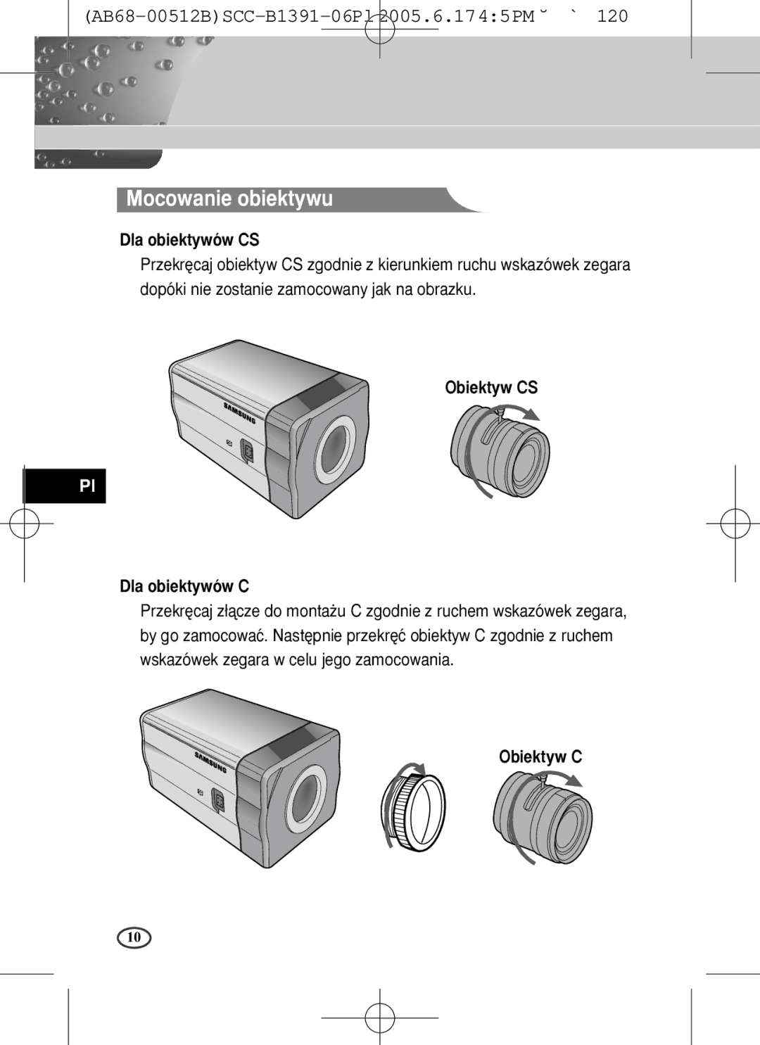 Samsung SCC-B1391(P), SCC-B1091P user manual Mocowanie obiektywu 