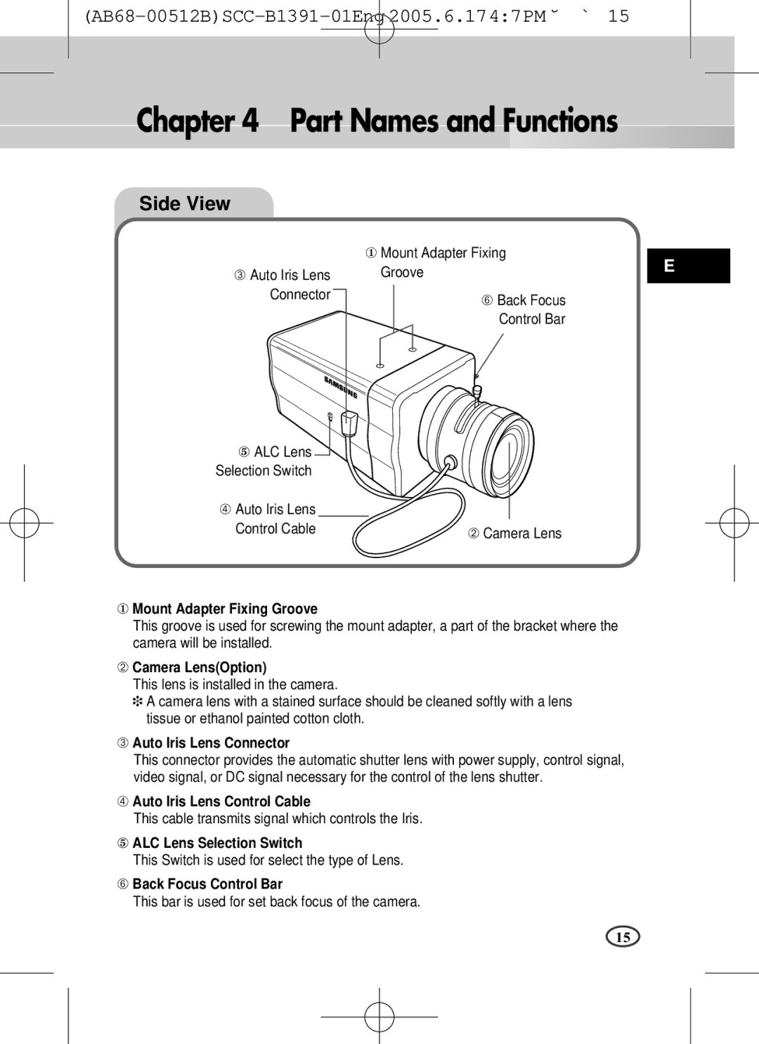 Samsung SCC-B1091P, SCC-B1391(P) user manual Part Names and Functions, Side View 