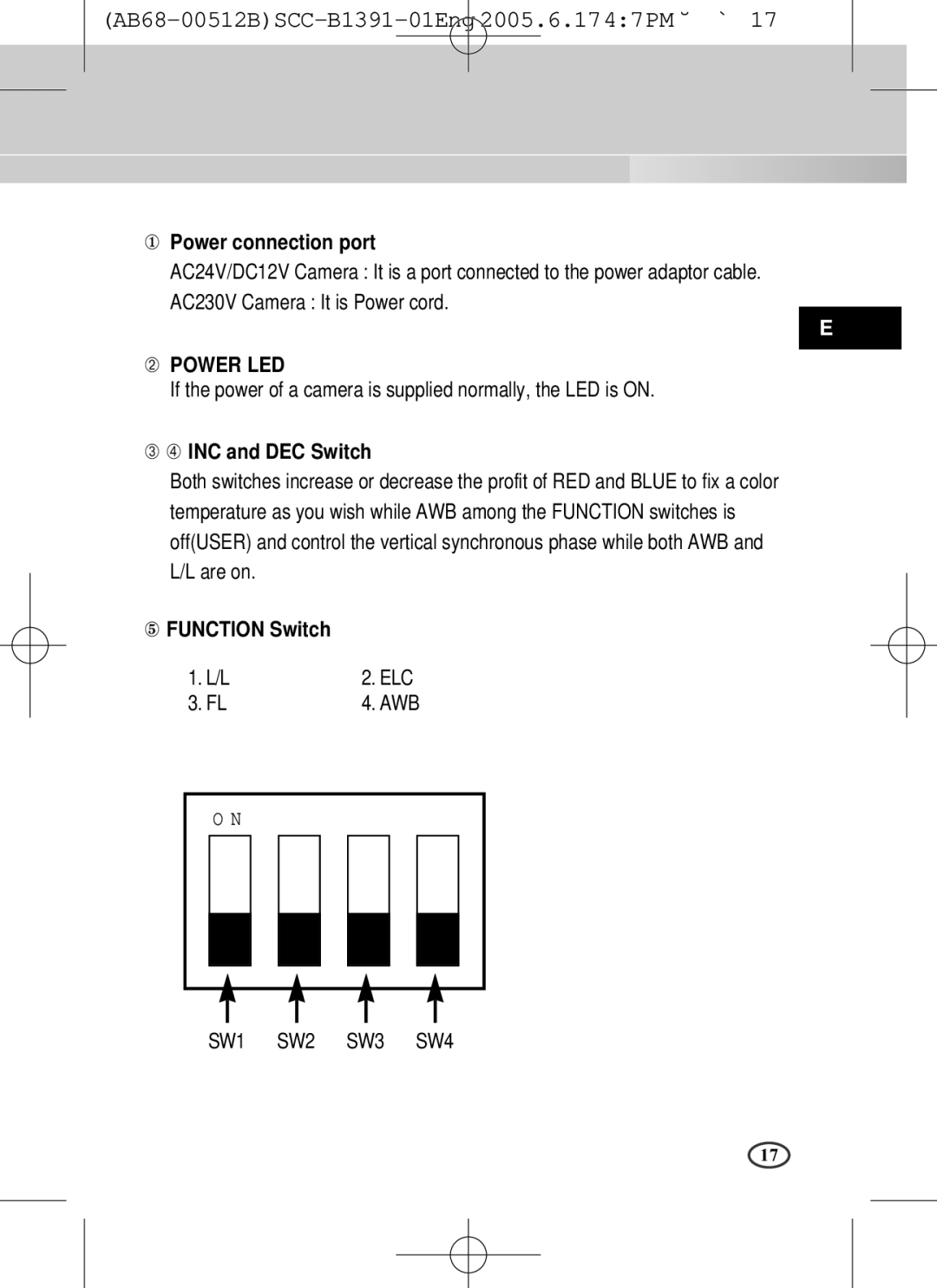 Samsung SCC-B1091P, SCC-B1391(P) user manual ① Power connection port, ➂ ➃ INC and DEC Switch, ⑤ Function Switch 