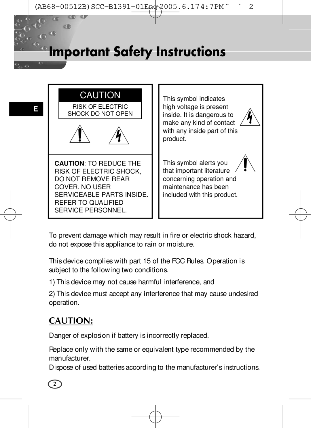 Samsung SCC-B1391(P), SCC-B1091P user manual Important Safety Instructions, Risk of Electric Shock do not Open 