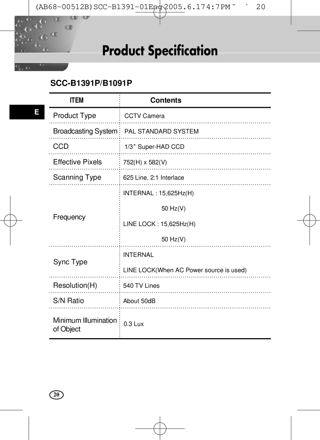 Samsung SCC-B1391(P), SCC-B1091P user manual Product Specification, SCC-B1391P/B1091P, Contents 