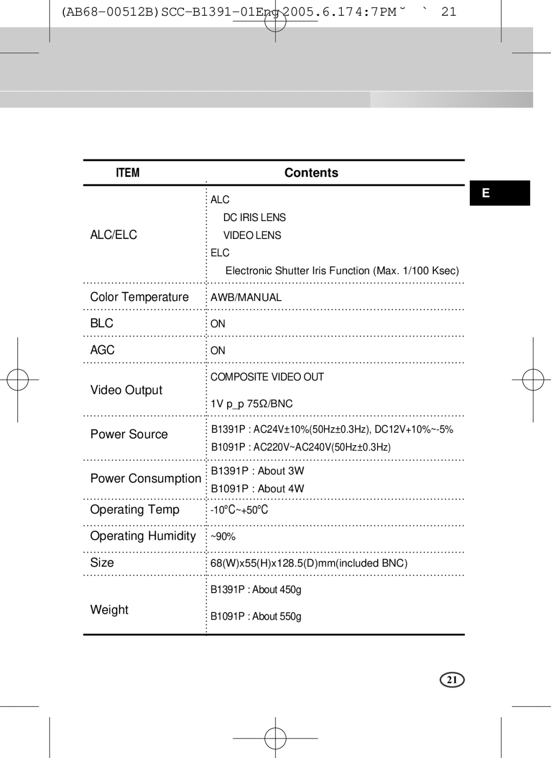 Samsung SCC-B1091P, SCC-B1391(P) user manual Color Temperature, Video Output, Power Source, Operating Temp, Size, Weight 