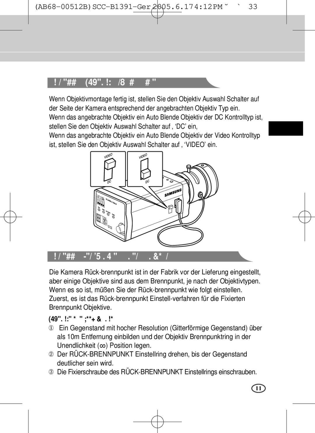 Samsung SCC-B1091P, SCC-B1391(P) Einstellung Objektiv Auswahl Schalter, Einstellung des Rück-brennpunktes Back Focus 