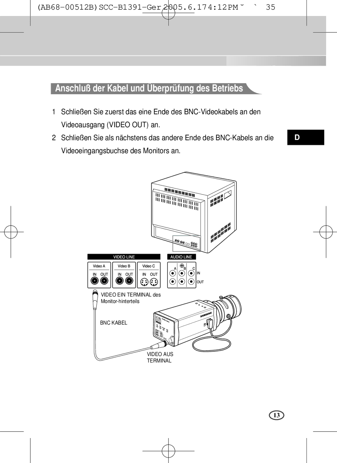 Samsung SCC-B1091P, SCC-B1391(P) Anschluß der Kabel und Überprüfung des Betriebs, Videoeingangsbuchse des Monitors an 