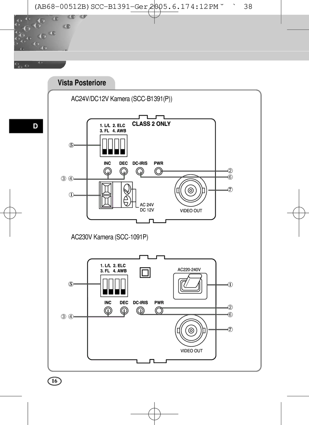 Samsung SCC-B1391(P), SCC-B1091P user manual Vista Posteriore, AC24V/DC12V Kamera SCC-B1391P, AC230V Kamera SCC-1091P 