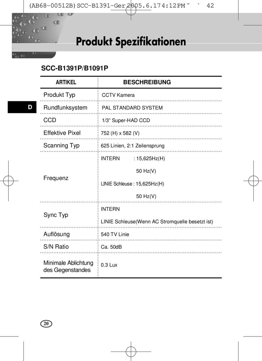 Samsung SCC-B1391(P), SCC-B1091P user manual Produkt Spezifikationen 