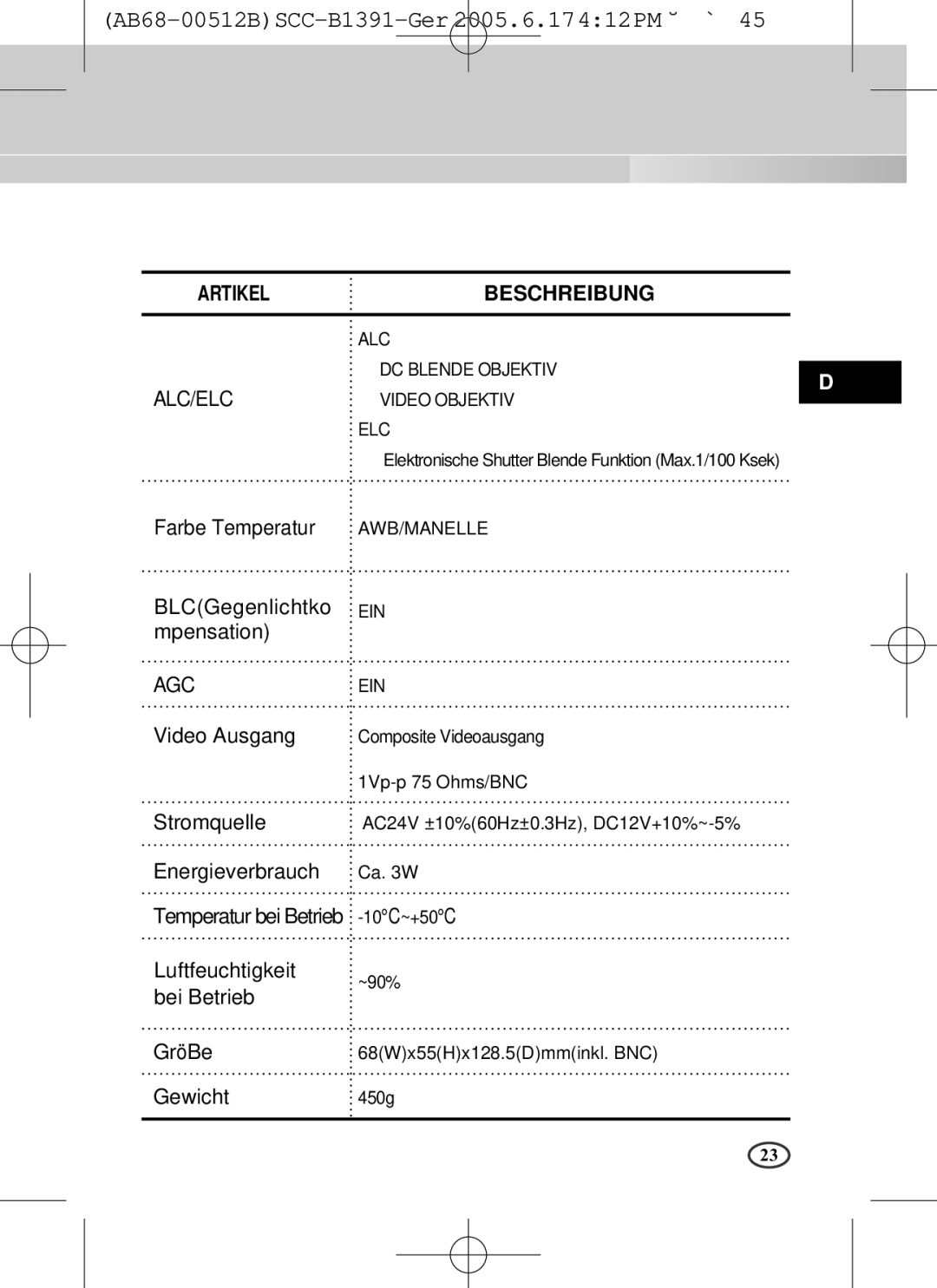 Samsung SCC-B1091P Farbe Temperatur BLCGegenlichtko Mpensation, Video Ausgang Stromquelle Energieverbrauch, Gr öBe Gewicht 