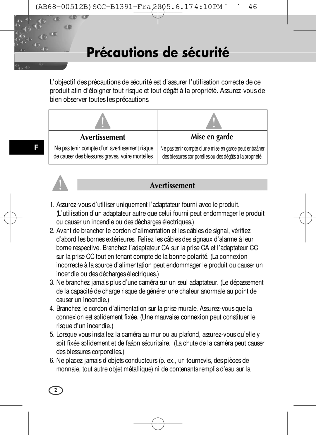 Samsung SCC-B1391(P), SCC-B1091P user manual Précautions de sécurité, Avertissement Mise en garde 